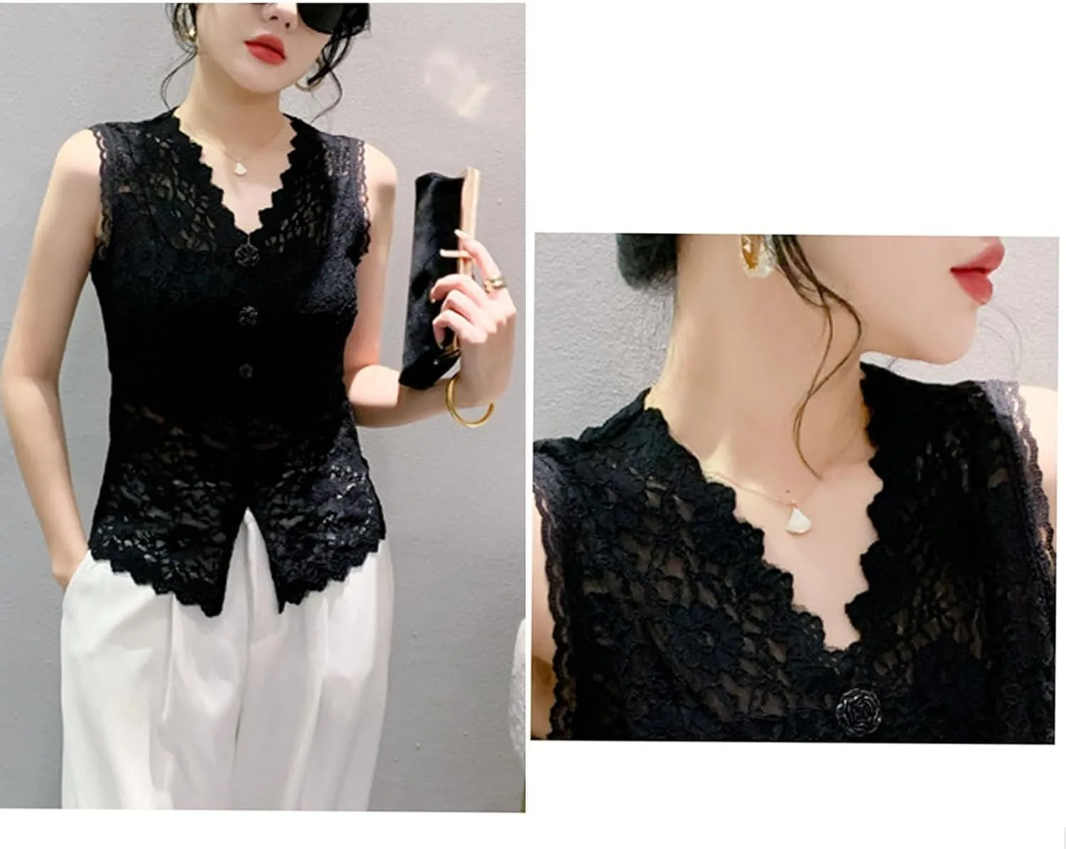 Women Lace See Through Vest Tank Top V Neck Camisole Sleeveless Button Front Elegant Going Out Tops Streetwear