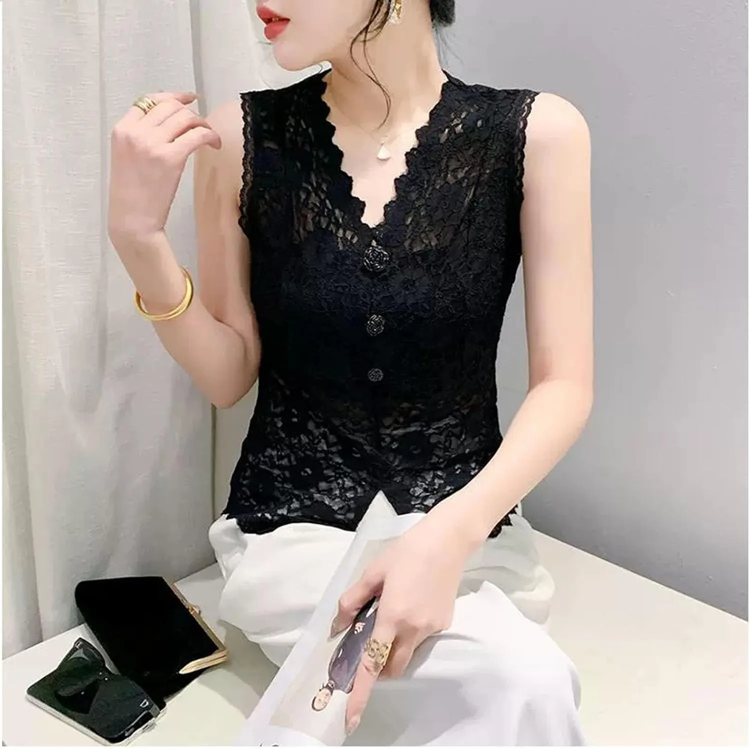 Women Lace See Through Vest Tank Top V Neck Camisole Sleeveless Button Front Elegant Going Out Tops Streetwear