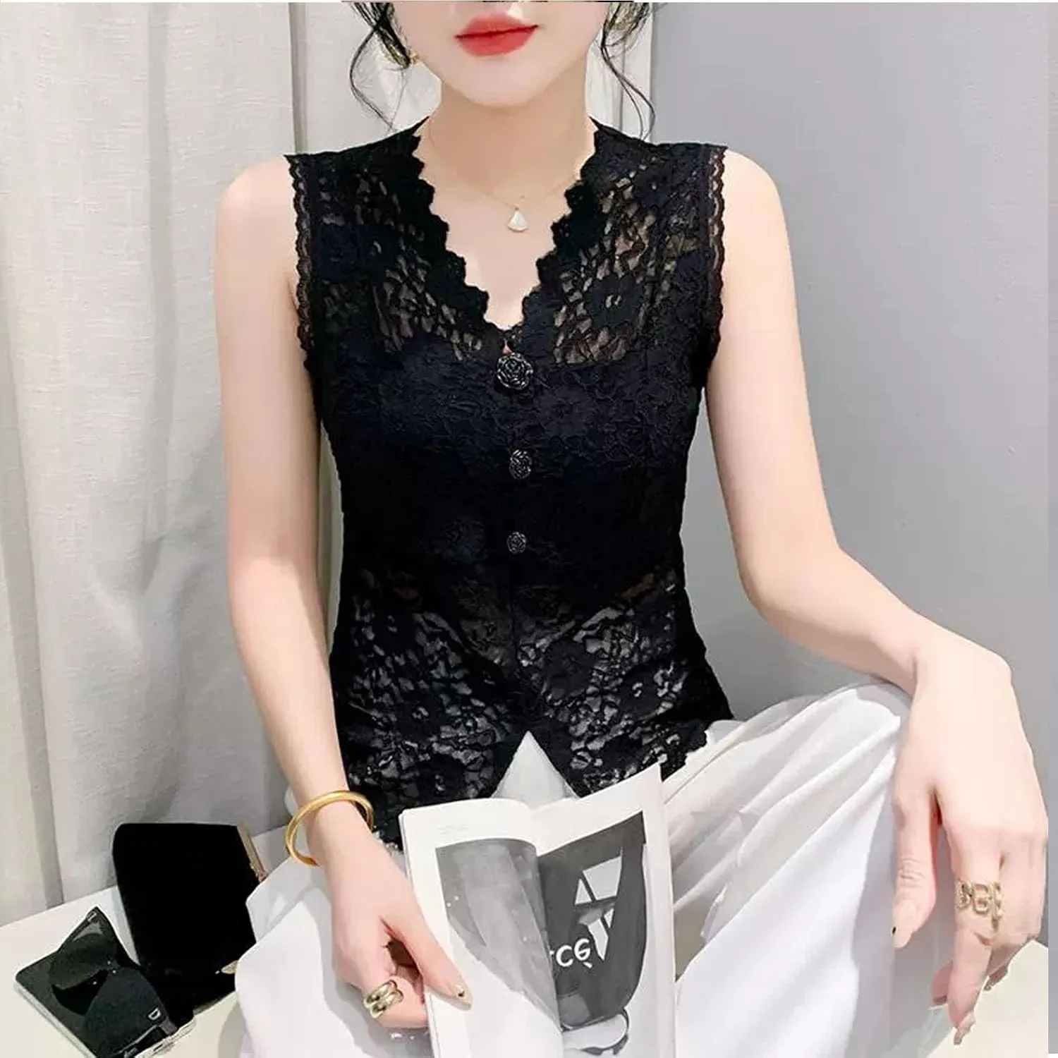 Women Lace See Through Vest Tank Top V Neck Camisole Sleeveless Button Front Elegant Going Out Tops Streetwear