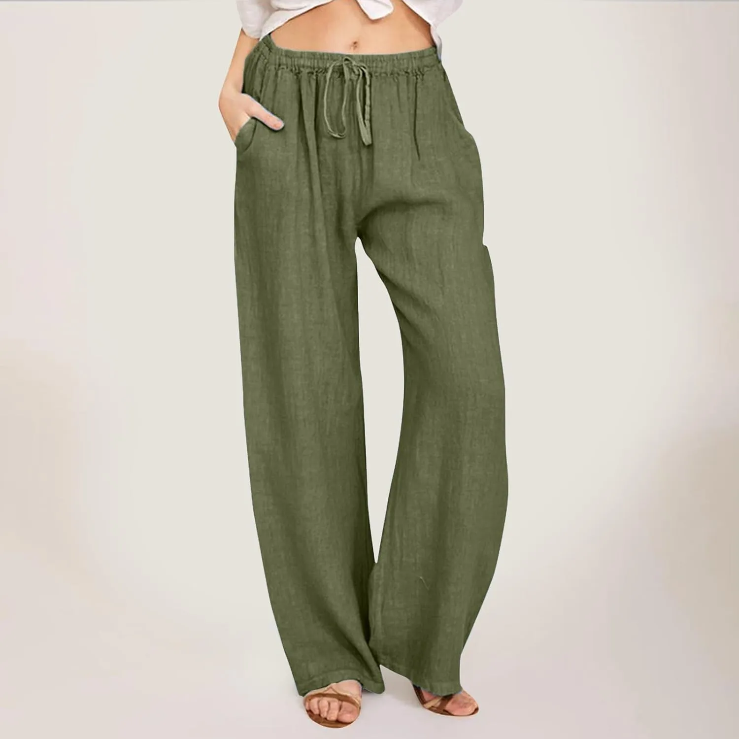 Women Linen Summer Breathable Pants High Waist Stretchy Slim-Fit Palazzo Lounge Pants Work Business