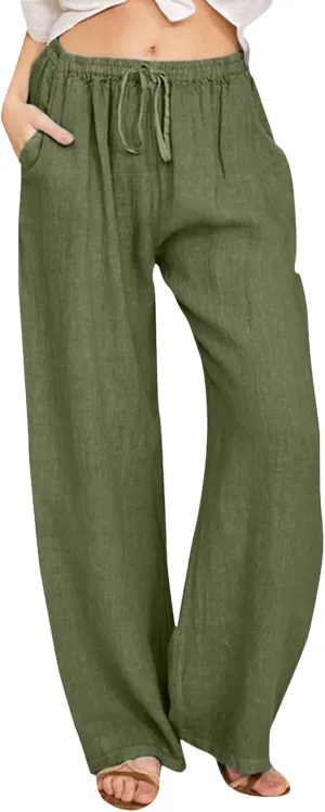 Women Linen Summer Breathable Pants High Waist Stretchy Slim-Fit Palazzo Lounge Pants Work Business