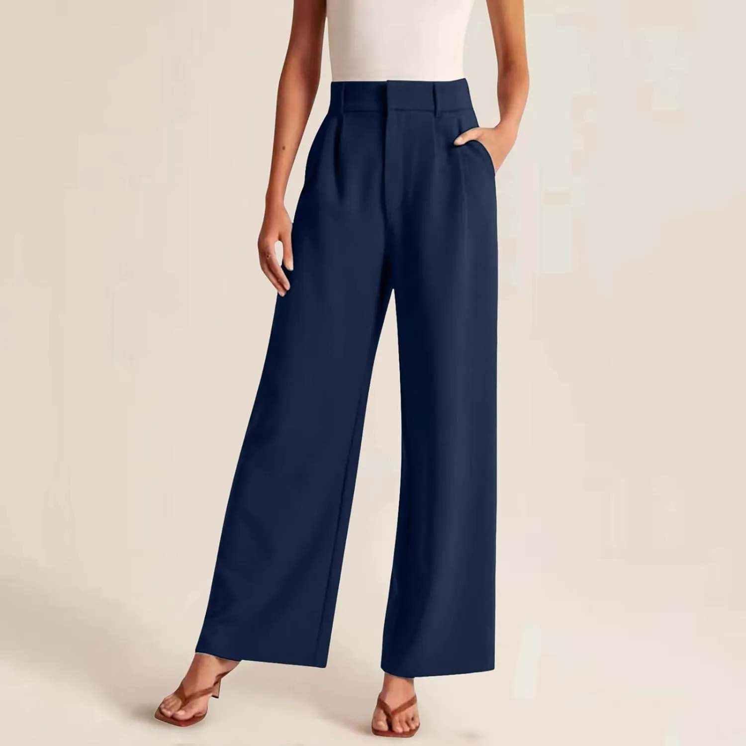 Women Linen Summer Breathable Pants High Waist Stretchy Slim-Fit Palazzo Lounge Pants Work Business