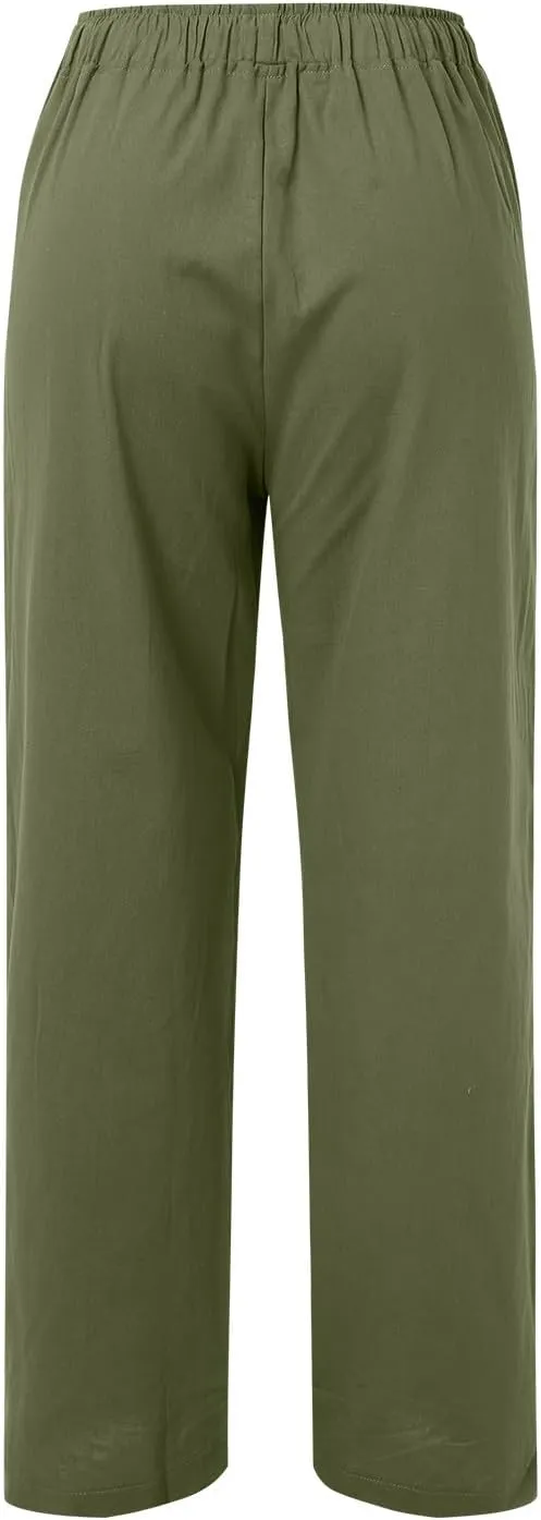 Women Linen Summer Breathable Pants High Waist Stretchy Slim-Fit Palazzo Lounge Pants Work Business