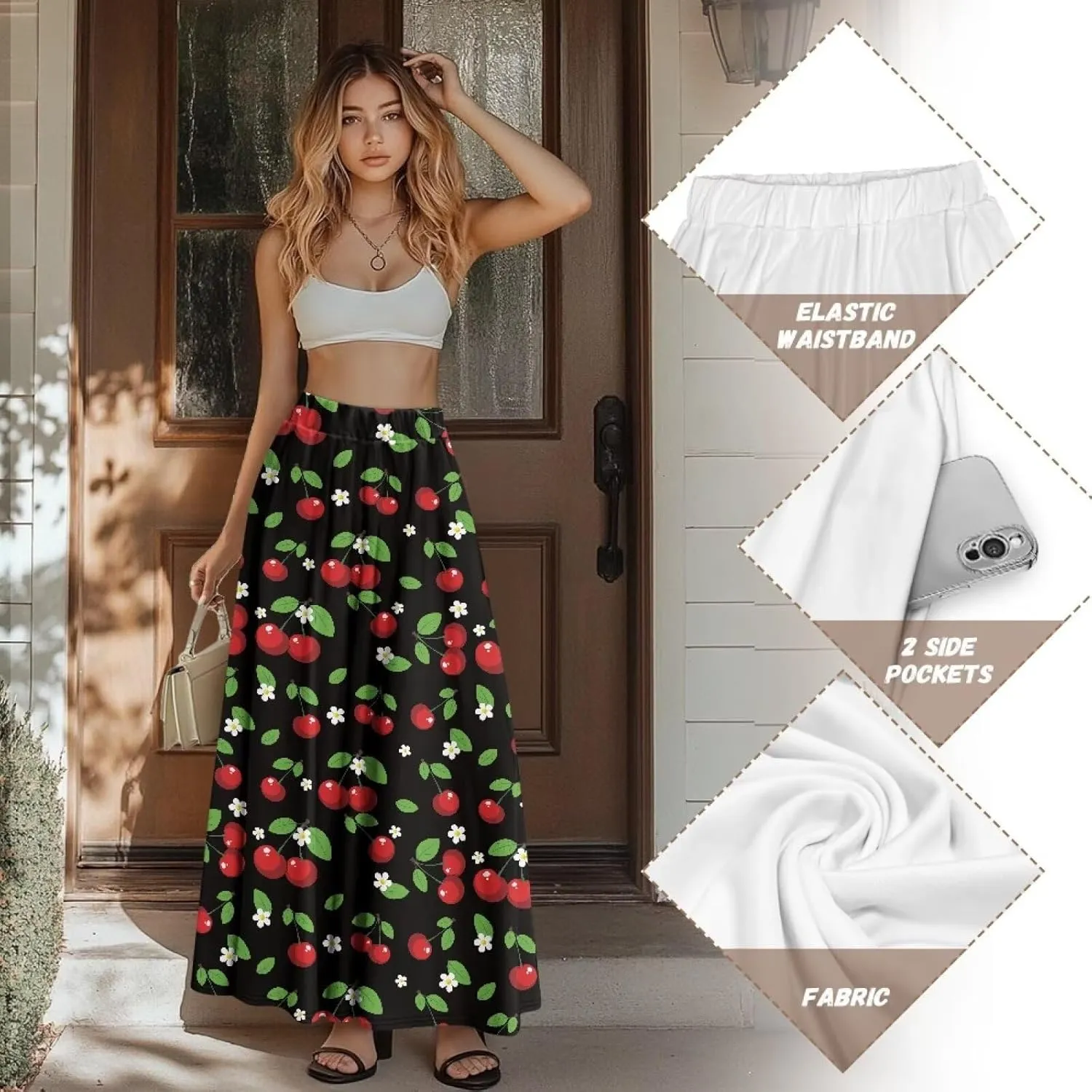 Women Long Skirt Casual A Line Ruffle Swing Flowy Skorts with Side Pokcet and Elastic Band S-XXL