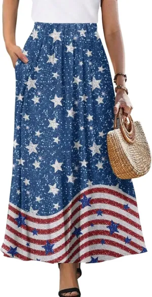 Women Long Skirt Casual A Line Ruffle Swing Flowy Skorts with Side Pokcet and Elastic Band S-XXL