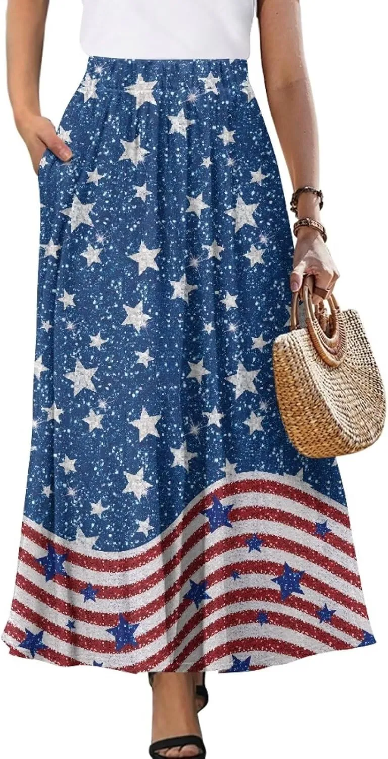 Women Long Skirt Casual A Line Ruffle Swing Flowy Skorts with Side Pokcet and Elastic Band S-XXL