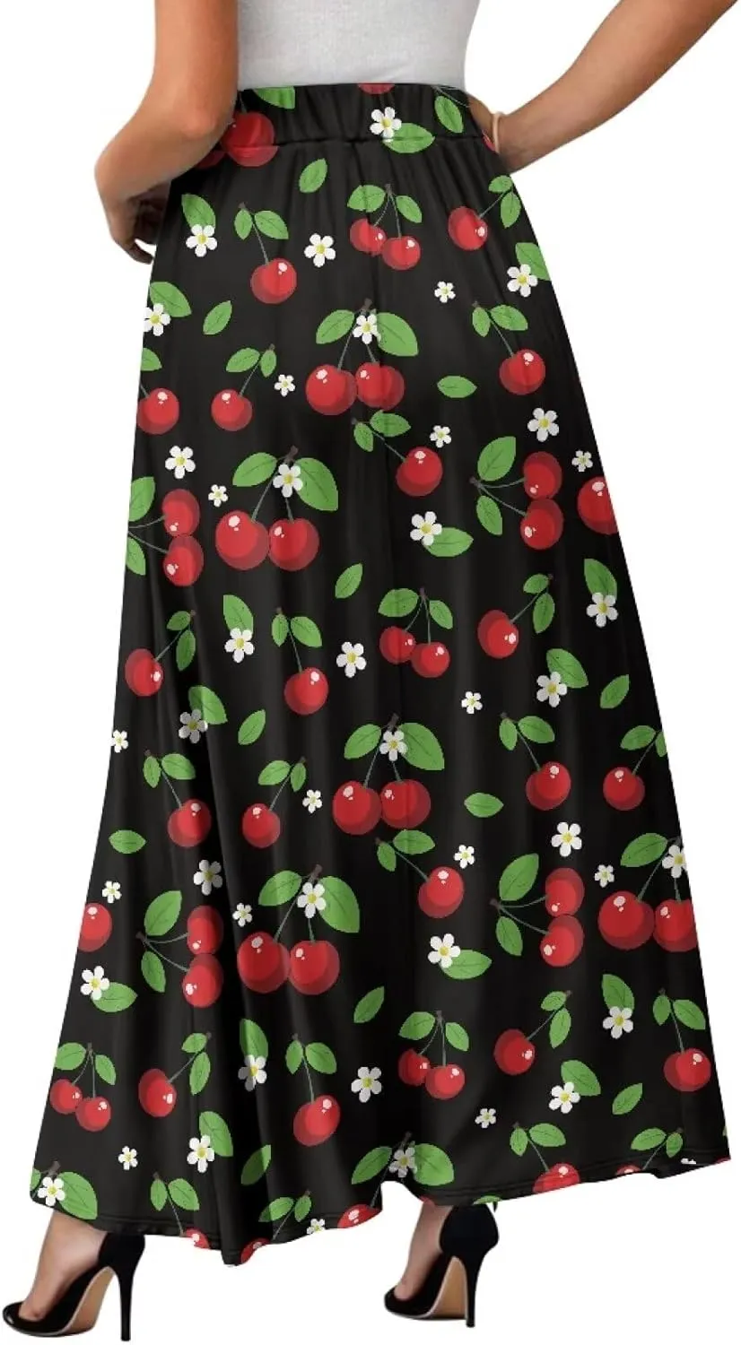 Women Long Skirt Casual A Line Ruffle Swing Flowy Skorts with Side Pokcet and Elastic Band S-XXL
