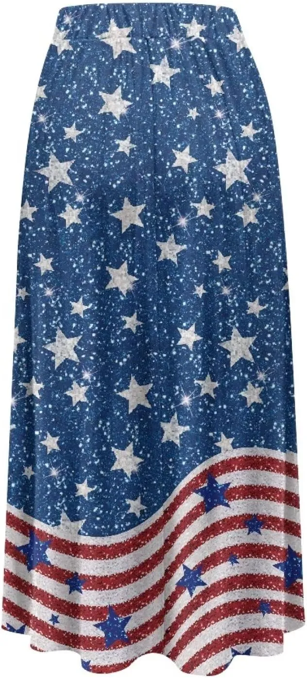 Women Long Skirt Casual A Line Ruffle Swing Flowy Skorts with Side Pokcet and Elastic Band S-XXL