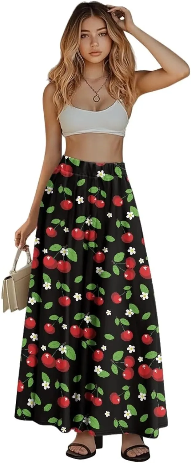 Women Long Skirt Casual A Line Ruffle Swing Flowy Skorts with Side Pokcet and Elastic Band S-XXL