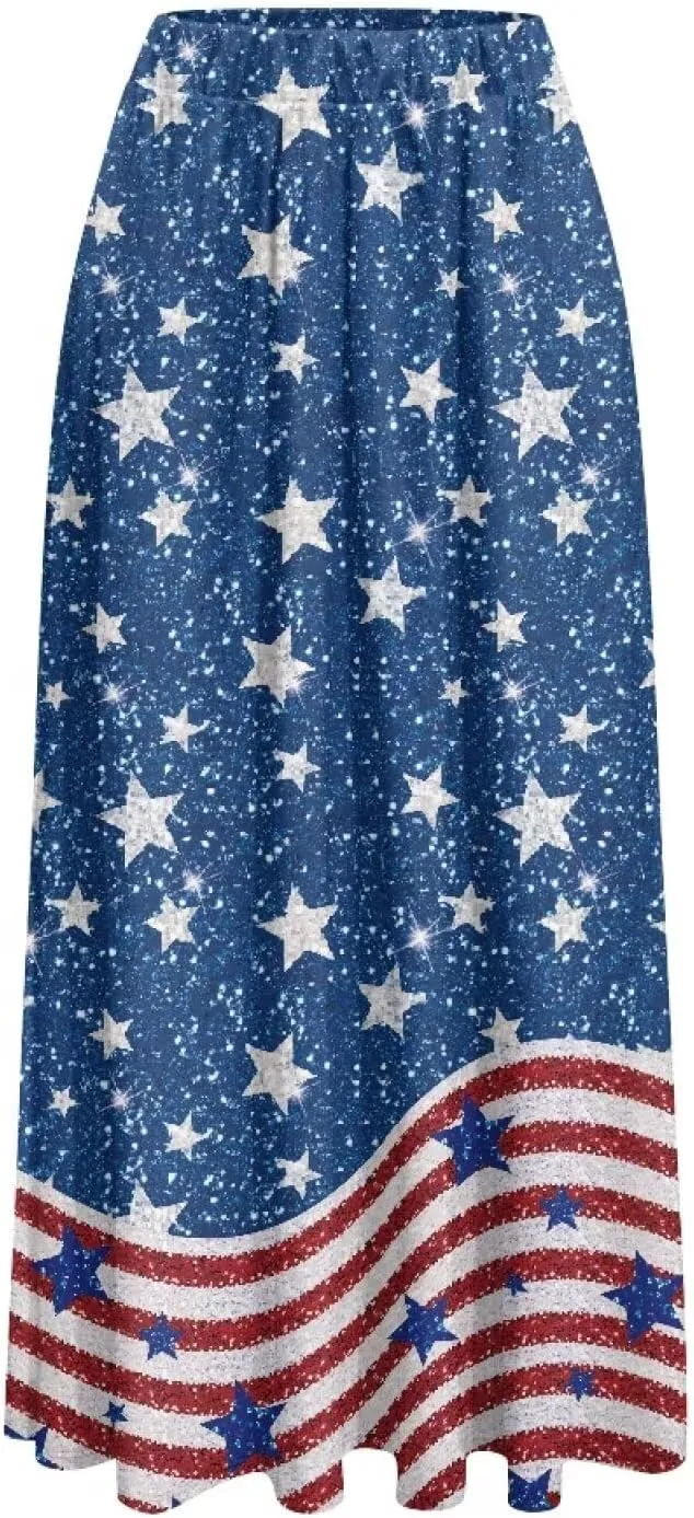 Women Long Skirt Casual A Line Ruffle Swing Flowy Skorts with Side Pokcet and Elastic Band S-XXL