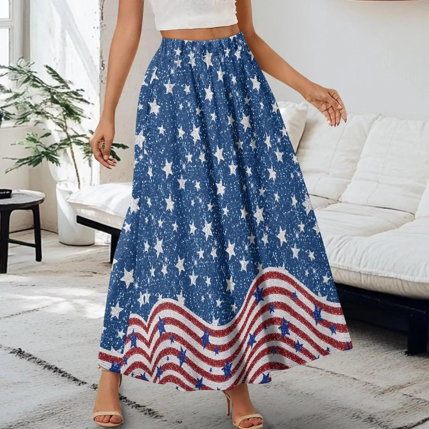 Women Long Skirt Casual A Line Ruffle Swing Flowy Skorts with Side Pokcet and Elastic Band S-XXL