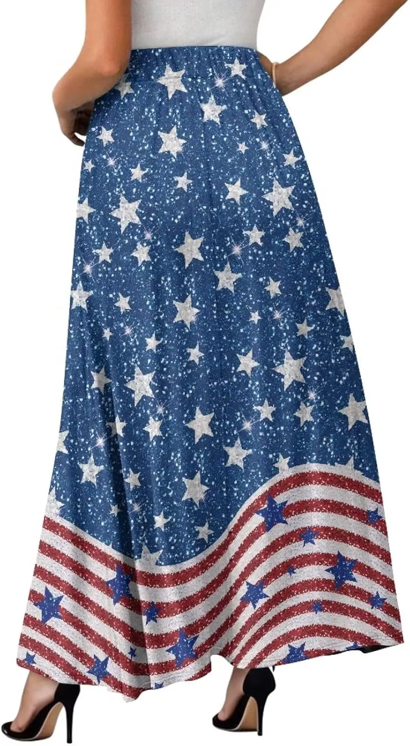 Women Long Skirt Casual A Line Ruffle Swing Flowy Skorts with Side Pokcet and Elastic Band S-XXL