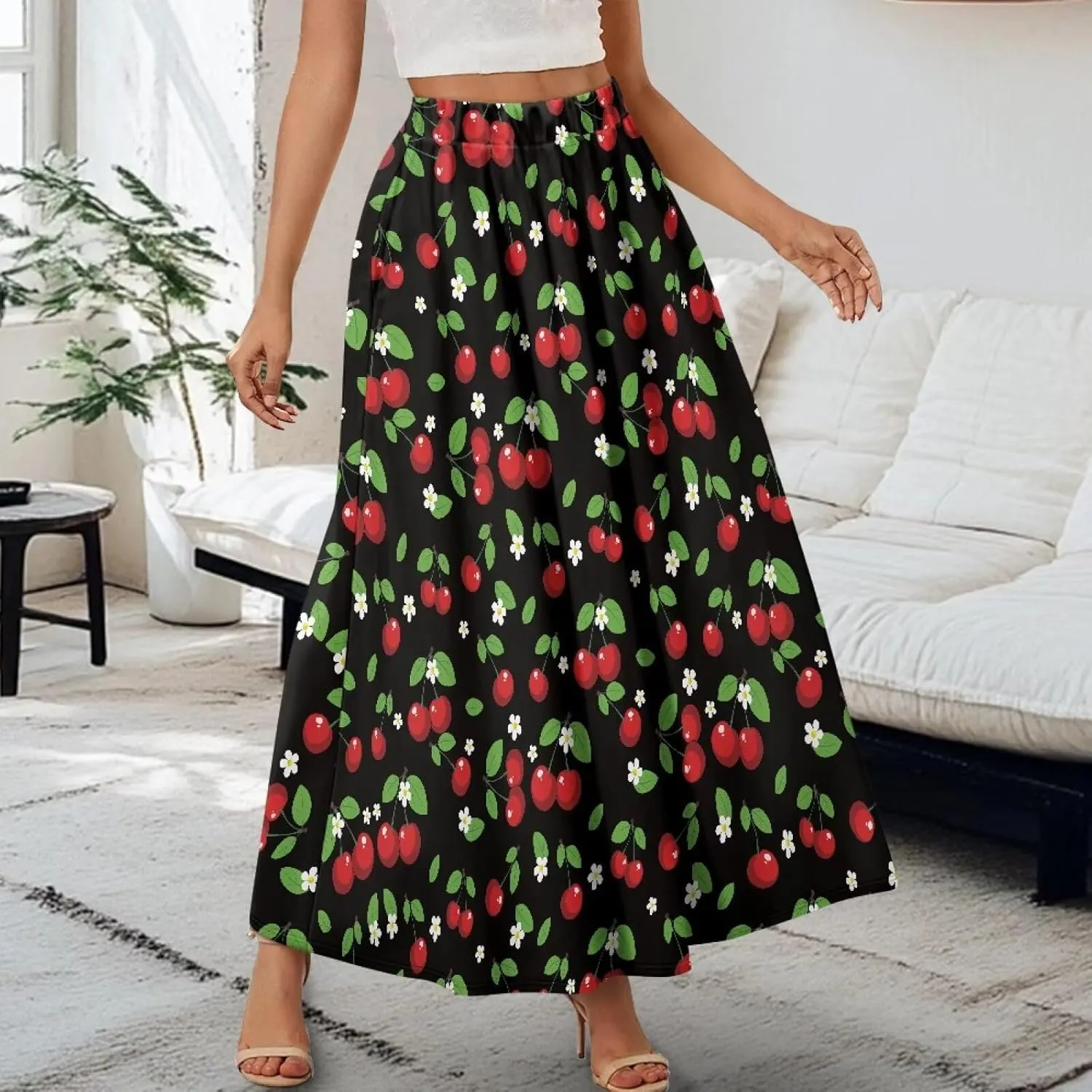 Women Long Skirt Casual A Line Ruffle Swing Flowy Skorts with Side Pokcet and Elastic Band S-XXL