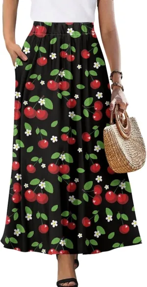 Women Long Skirt Casual A Line Ruffle Swing Flowy Skorts with Side Pokcet and Elastic Band S-XXL