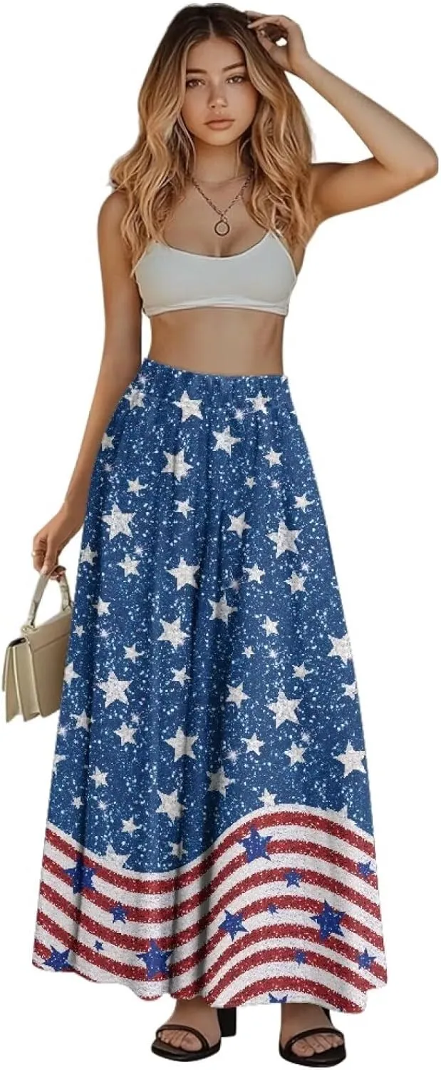 Women Long Skirt Casual A Line Ruffle Swing Flowy Skorts with Side Pokcet and Elastic Band S-XXL