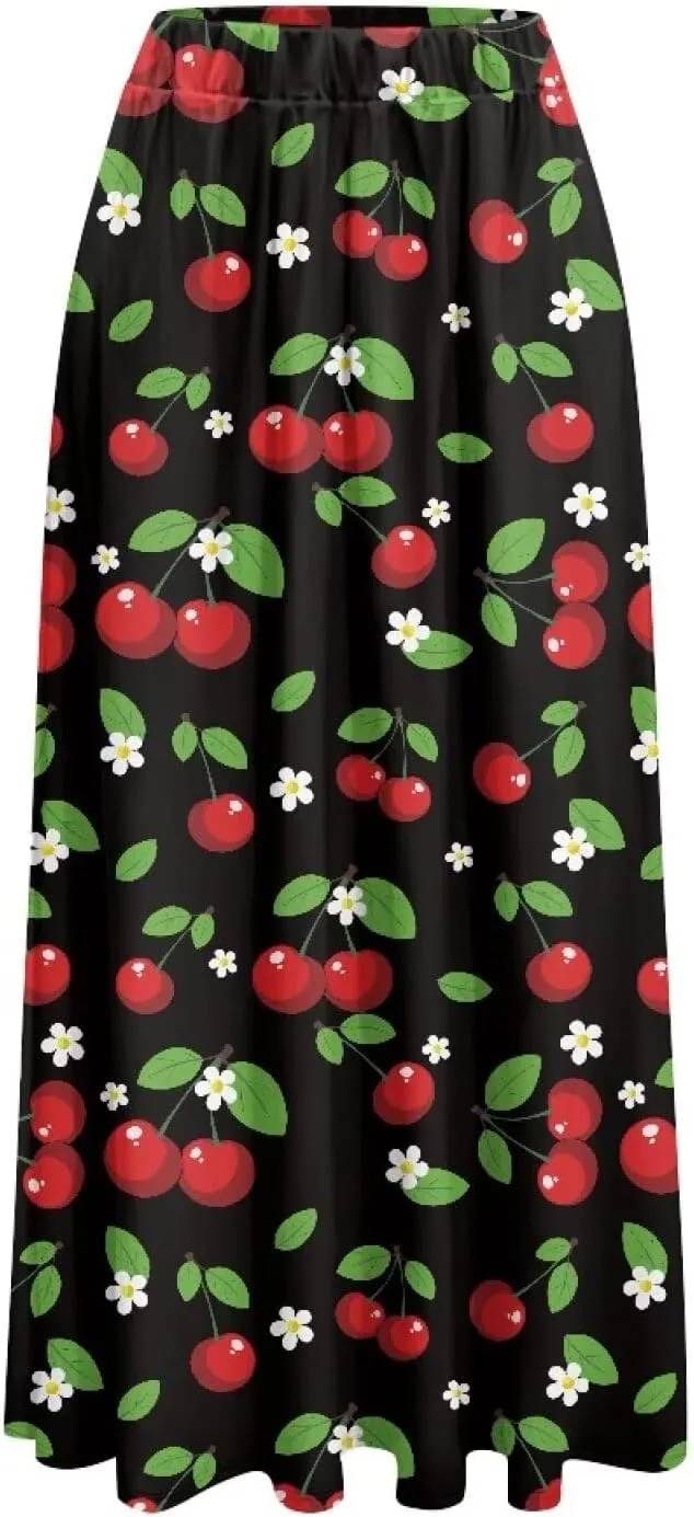 Women Long Skirt Casual A Line Ruffle Swing Flowy Skorts with Side Pokcet and Elastic Band S-XXL