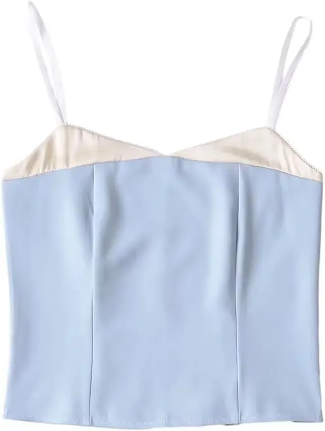 Women Spaghetti Straps Camisole Summer Crop Top Elegant Patchwork Cami Slim Tank Tops