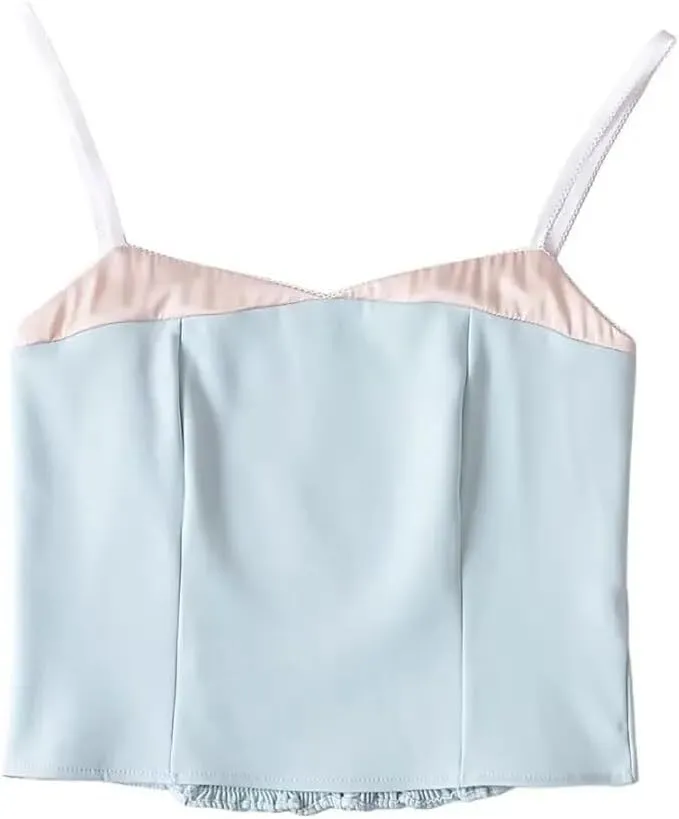 Women Spaghetti Straps Camisole Summer Crop Top Elegant Patchwork Cami Slim Tank Tops
