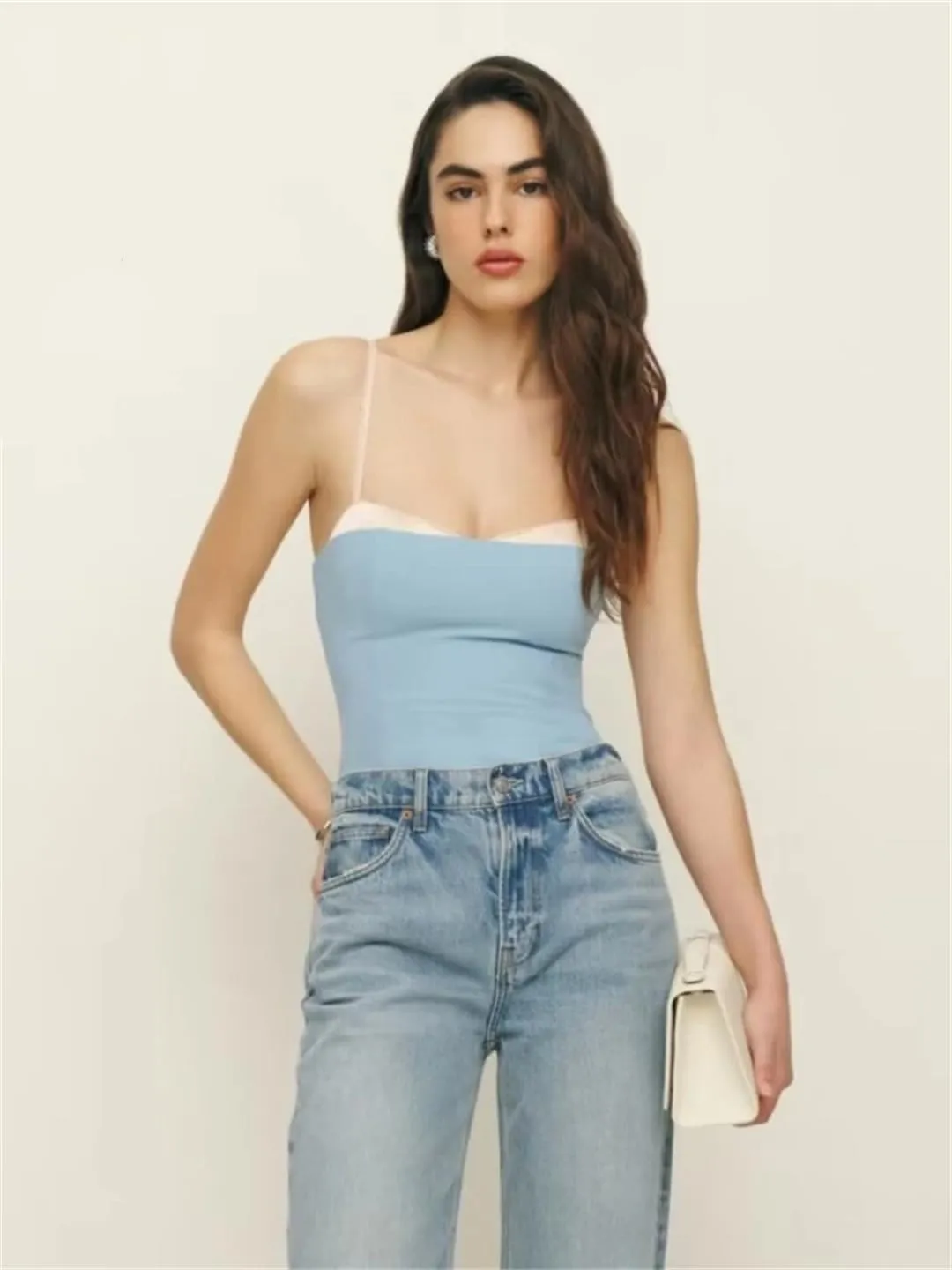 Women Spaghetti Straps Camisole Summer Crop Top Elegant Patchwork Cami Slim Tank Tops