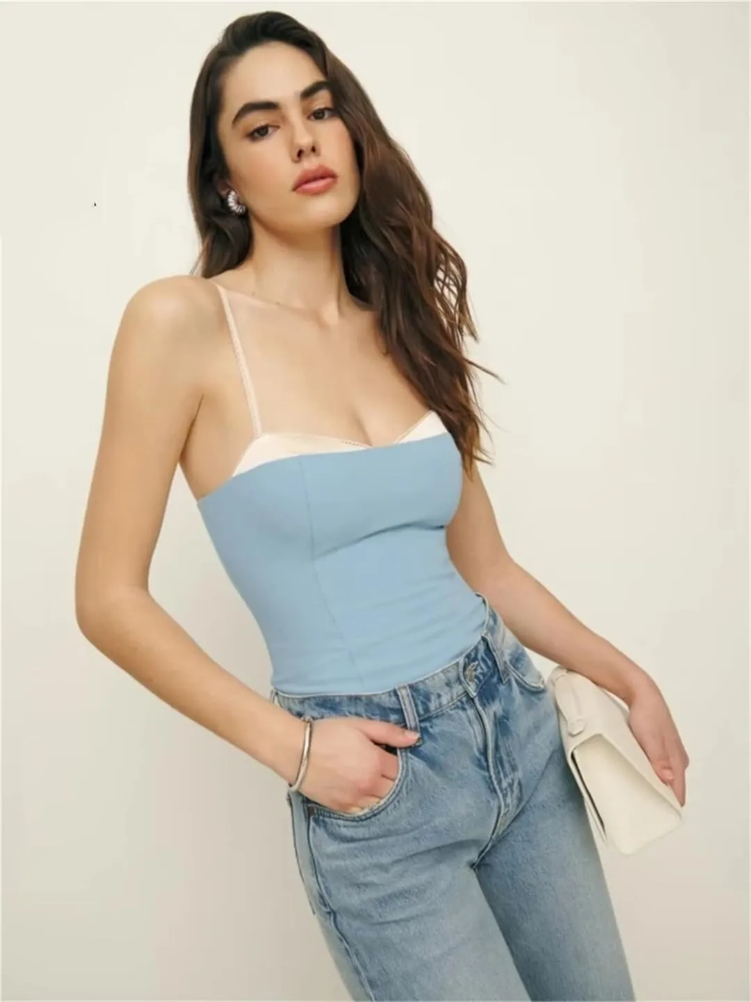 Women Spaghetti Straps Camisole Summer Crop Top Elegant Patchwork Cami Slim Tank Tops