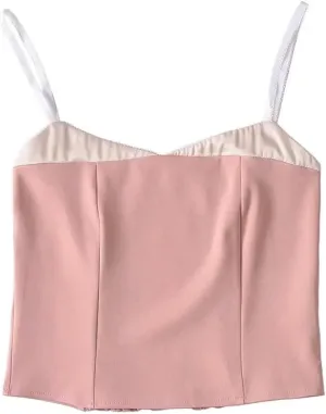 Women Spaghetti Straps Camisole Summer Crop Top Elegant Patchwork Cami Slim Tank Tops