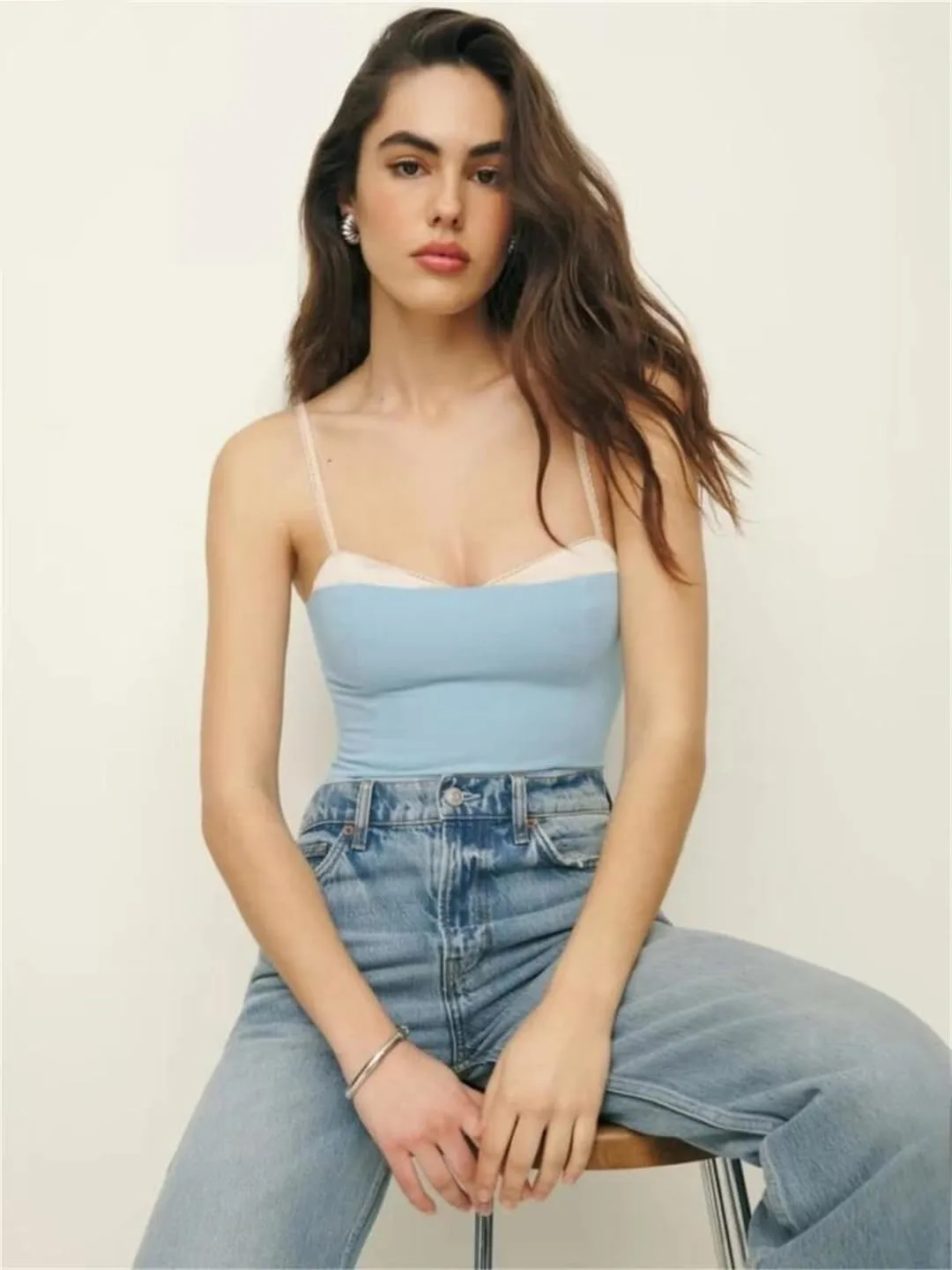 Women Spaghetti Straps Camisole Summer Crop Top Elegant Patchwork Cami Slim Tank Tops