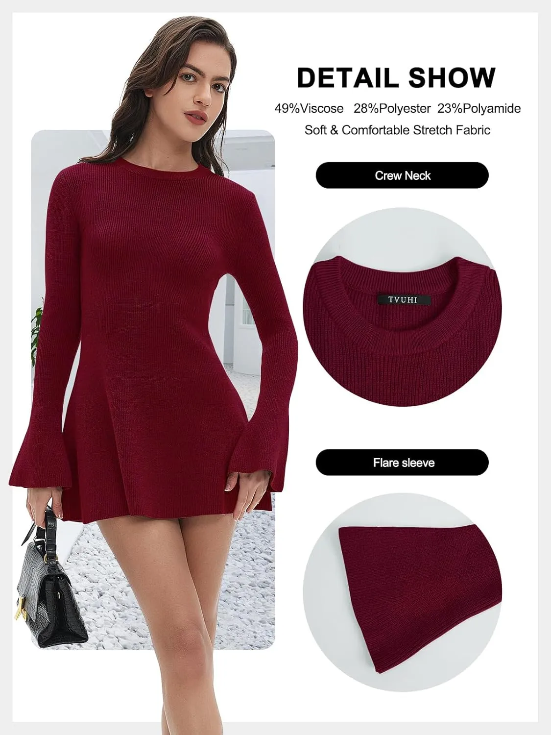 Women Spring Fall Winter Casual Sweater Dress Crew Neck Mini A-Line Knit Flare Sleeve Pullover Sweaters Dresses
