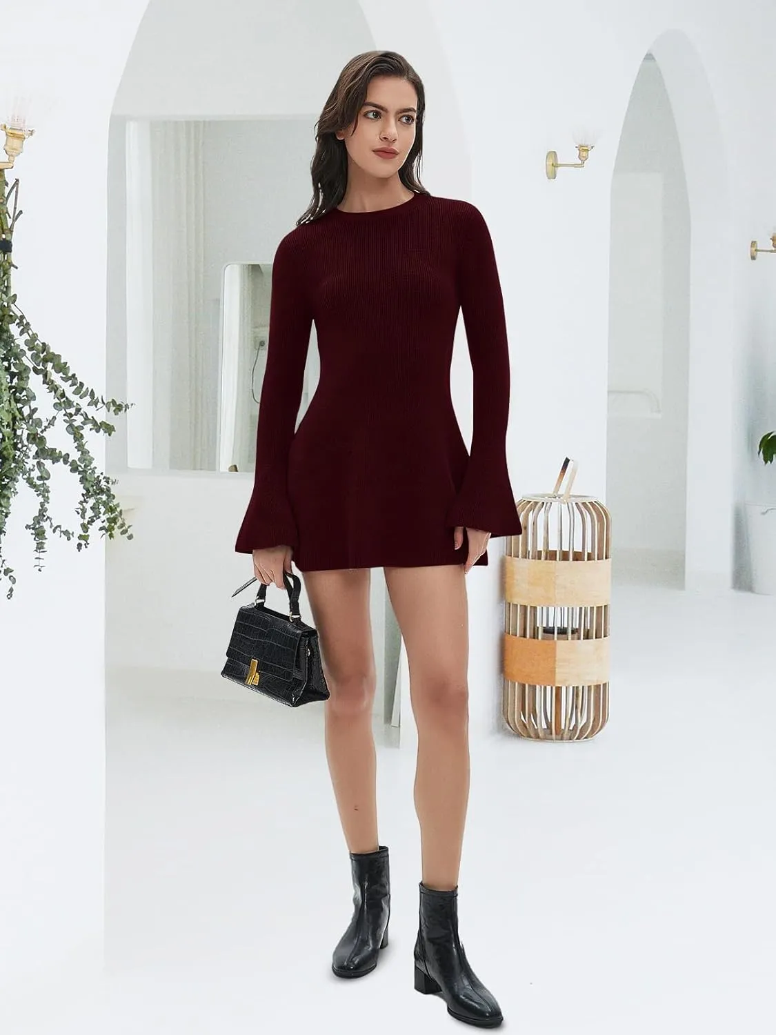 Women Spring Fall Winter Casual Sweater Dress Crew Neck Mini A-Line Knit Flare Sleeve Pullover Sweaters Dresses