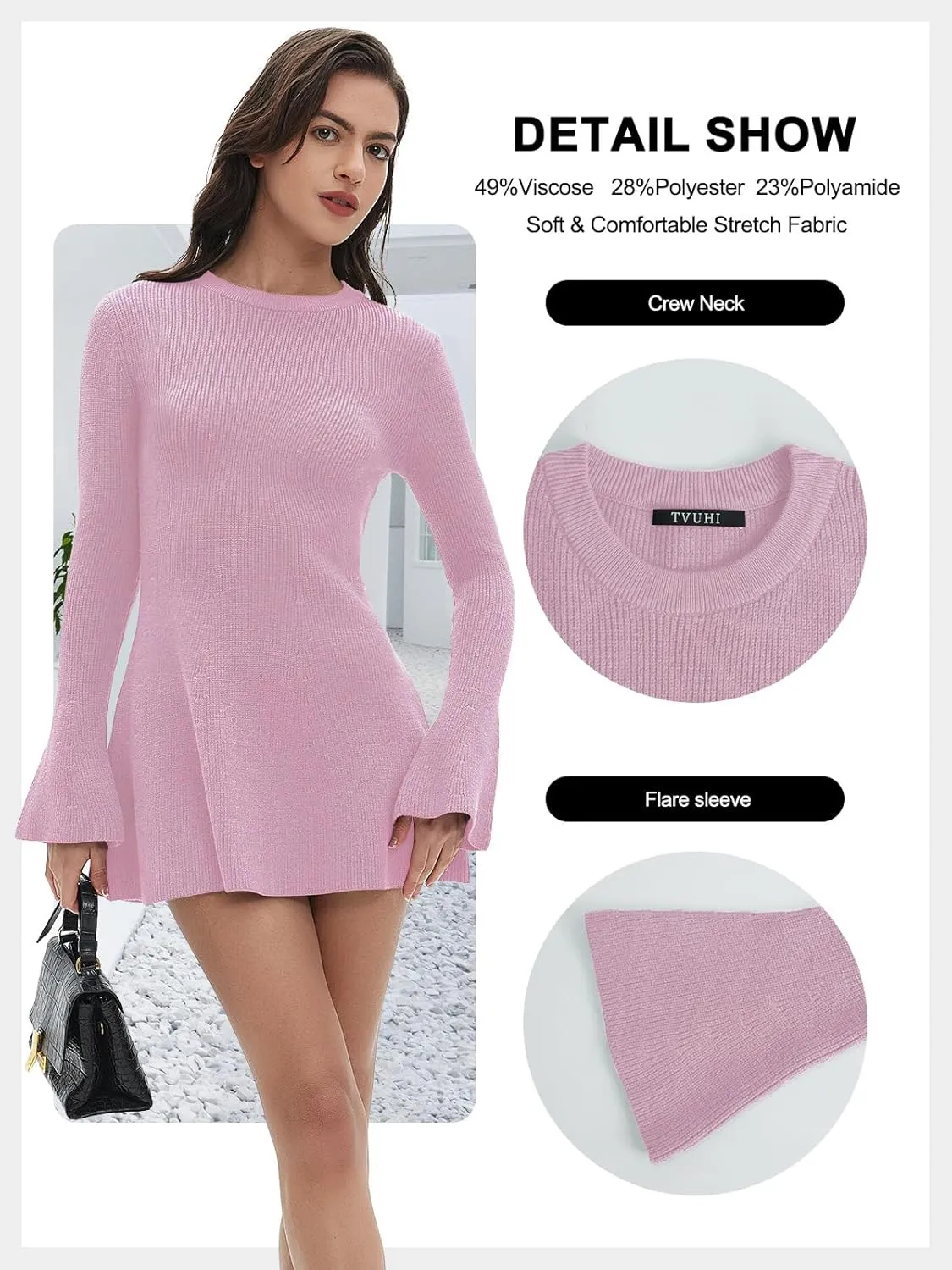 Women Spring Fall Winter Casual Sweater Dress Crew Neck Mini A-Line Knit Flare Sleeve Pullover Sweaters Dresses