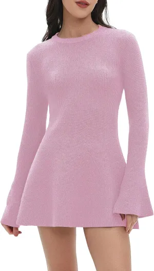 Women Spring Fall Winter Casual Sweater Dress Crew Neck Mini A-Line Knit Flare Sleeve Pullover Sweaters Dresses