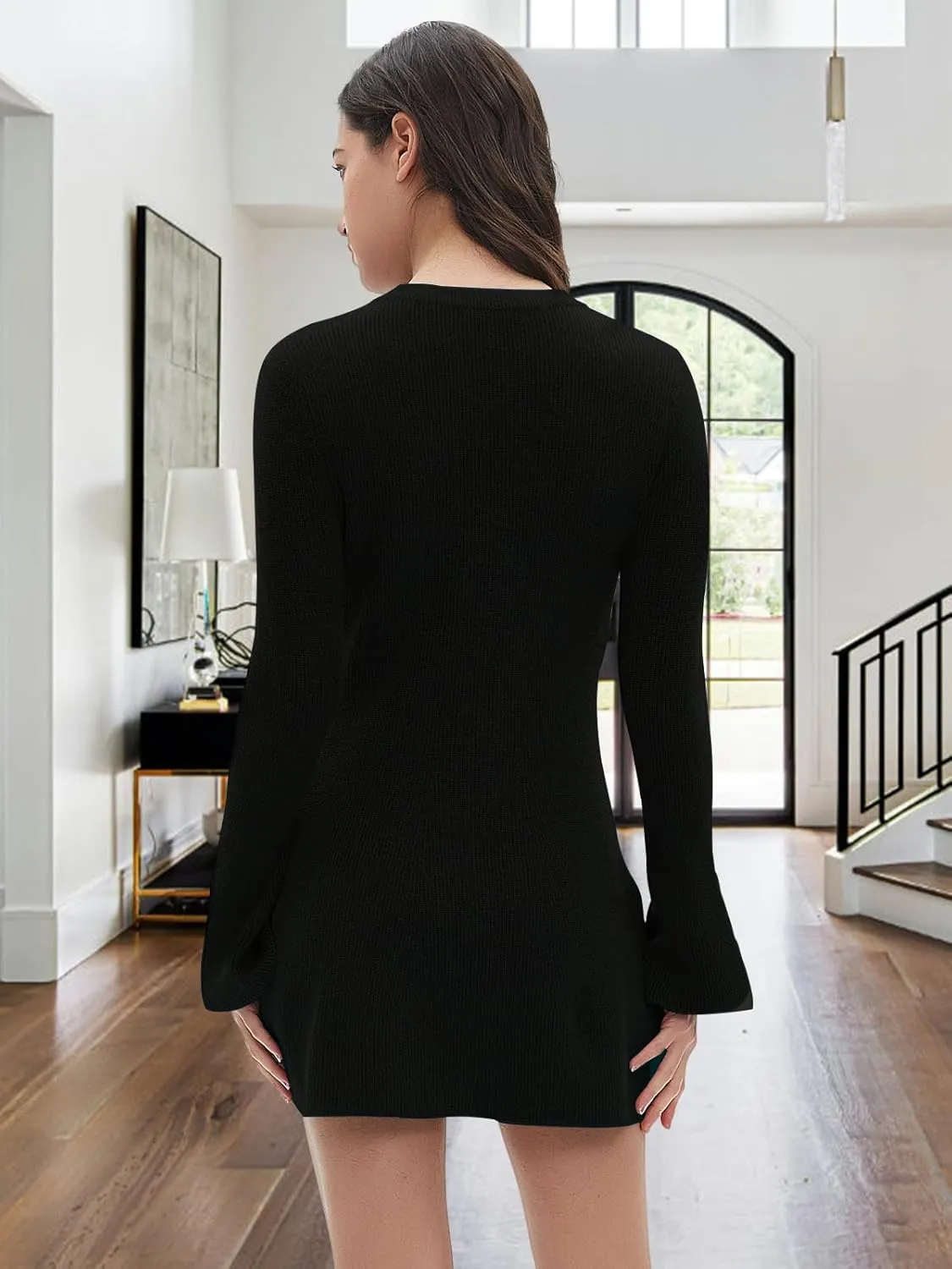 Women Spring Fall Winter Casual Sweater Dress Crew Neck Mini A-Line Knit Flare Sleeve Pullover Sweaters Dresses