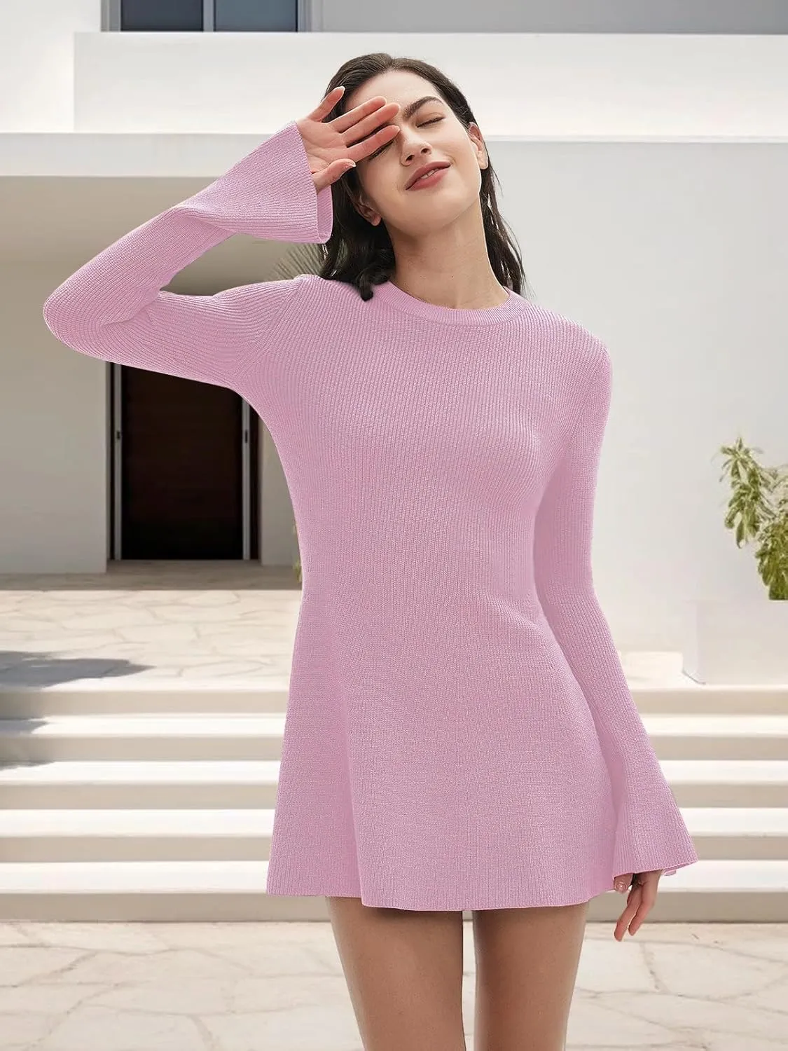 Women Spring Fall Winter Casual Sweater Dress Crew Neck Mini A-Line Knit Flare Sleeve Pullover Sweaters Dresses