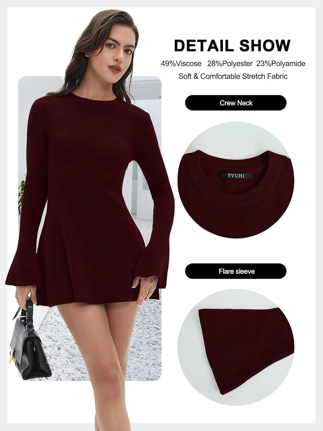 Women Spring Fall Winter Casual Sweater Dress Crew Neck Mini A-Line Knit Flare Sleeve Pullover Sweaters Dresses