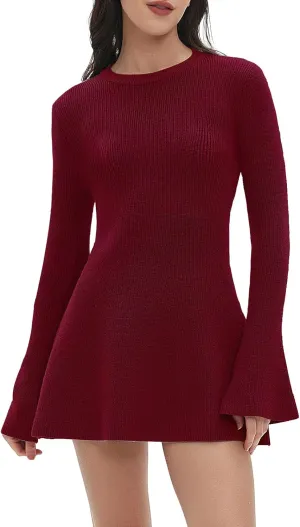 Women Spring Fall Winter Casual Sweater Dress Crew Neck Mini A-Line Knit Flare Sleeve Pullover Sweaters Dresses