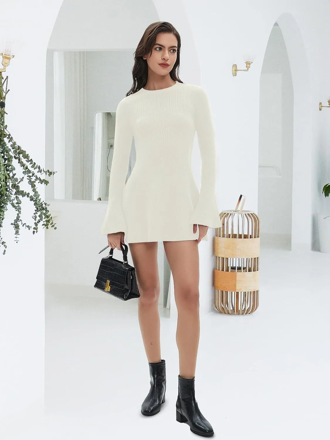 Women Spring Fall Winter Casual Sweater Dress Crew Neck Mini A-Line Knit Flare Sleeve Pullover Sweaters Dresses
