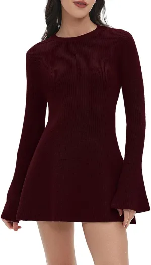 Women Spring Fall Winter Casual Sweater Dress Crew Neck Mini A-Line Knit Flare Sleeve Pullover Sweaters Dresses
