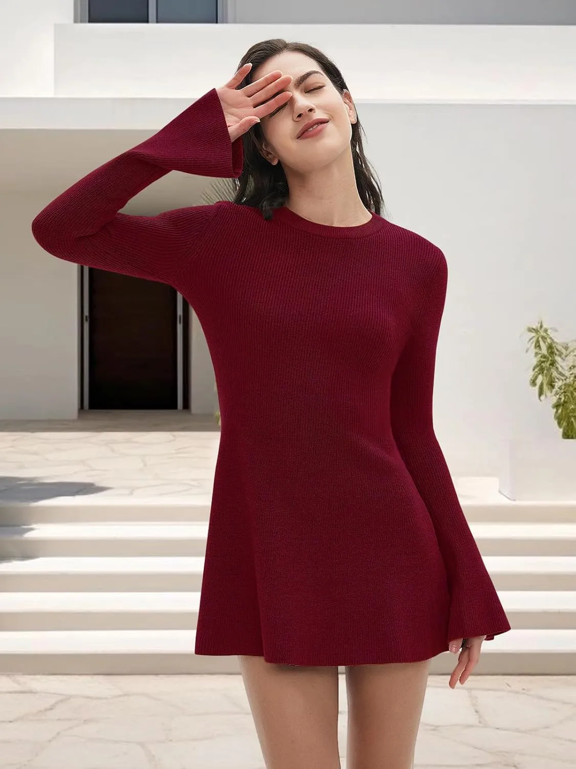 Women Spring Fall Winter Casual Sweater Dress Crew Neck Mini A-Line Knit Flare Sleeve Pullover Sweaters Dresses