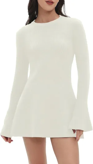 Women Spring Fall Winter Casual Sweater Dress Crew Neck Mini A-Line Knit Flare Sleeve Pullover Sweaters Dresses