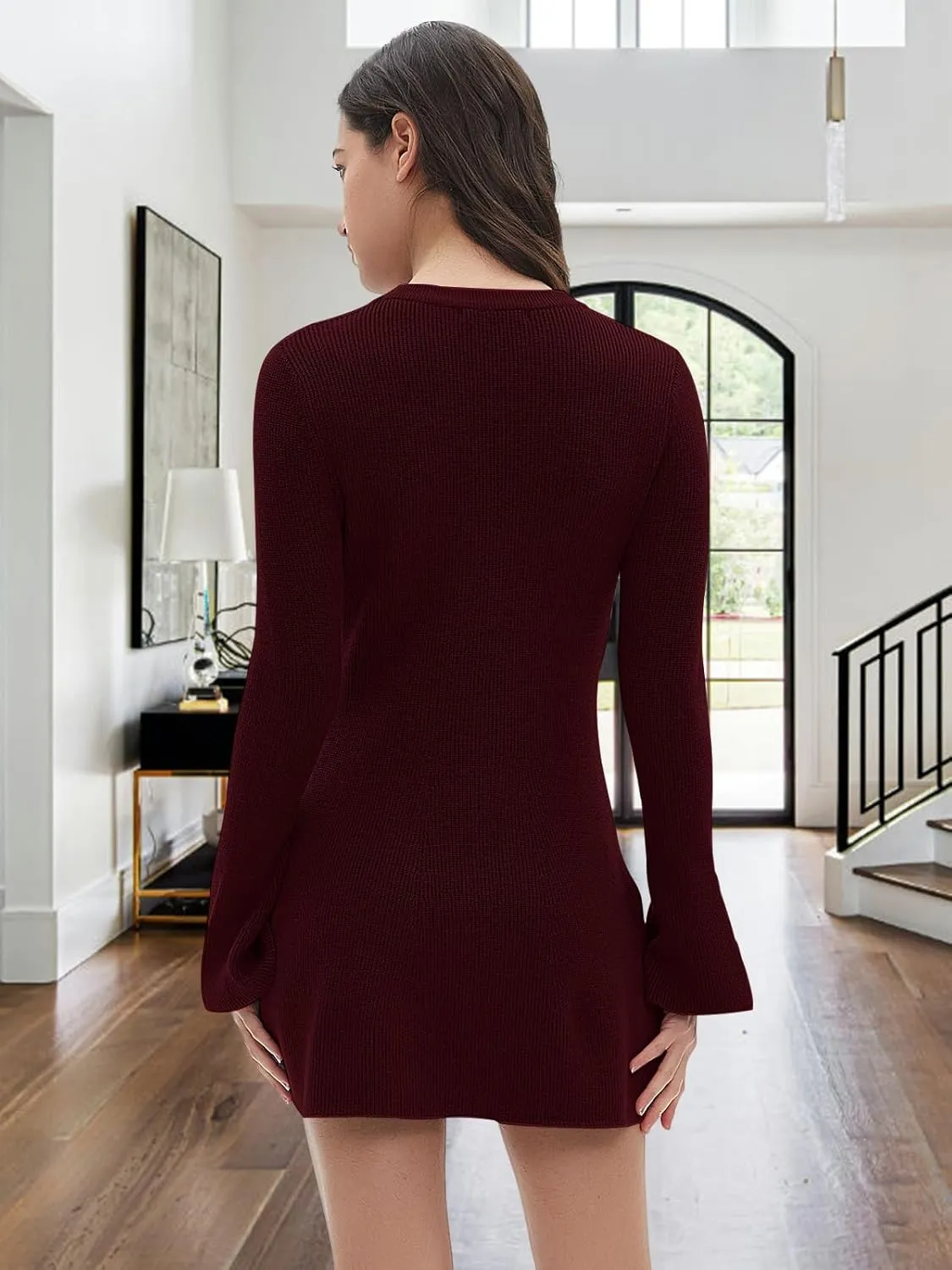 Women Spring Fall Winter Casual Sweater Dress Crew Neck Mini A-Line Knit Flare Sleeve Pullover Sweaters Dresses