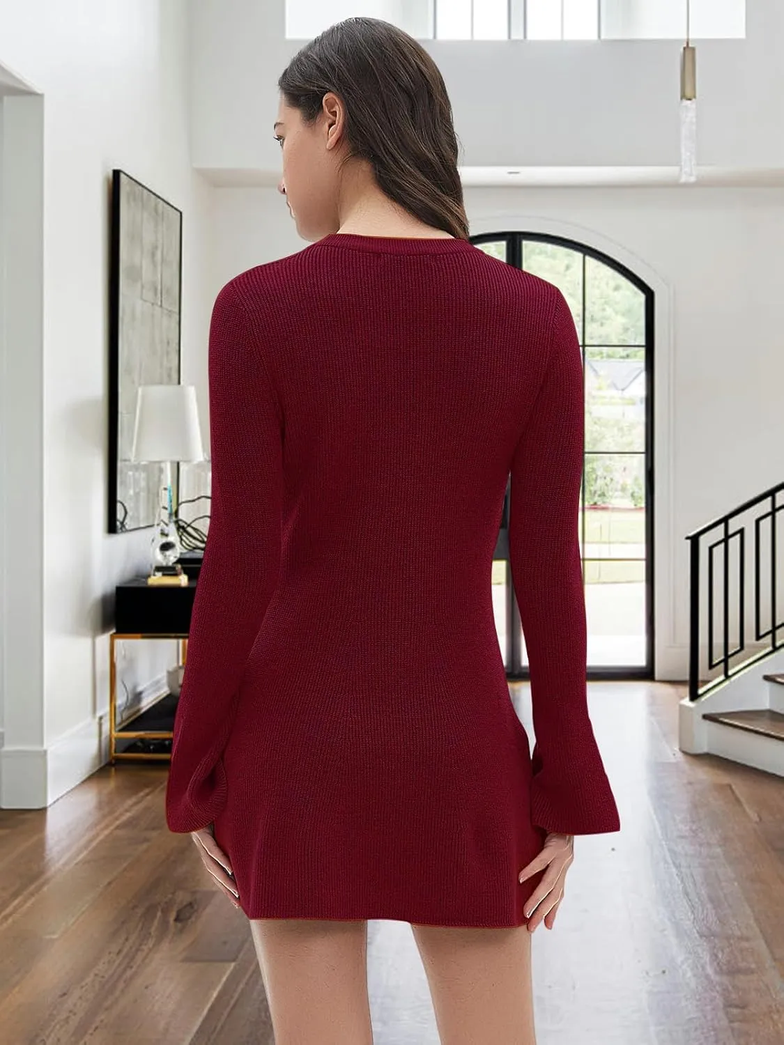 Women Spring Fall Winter Casual Sweater Dress Crew Neck Mini A-Line Knit Flare Sleeve Pullover Sweaters Dresses