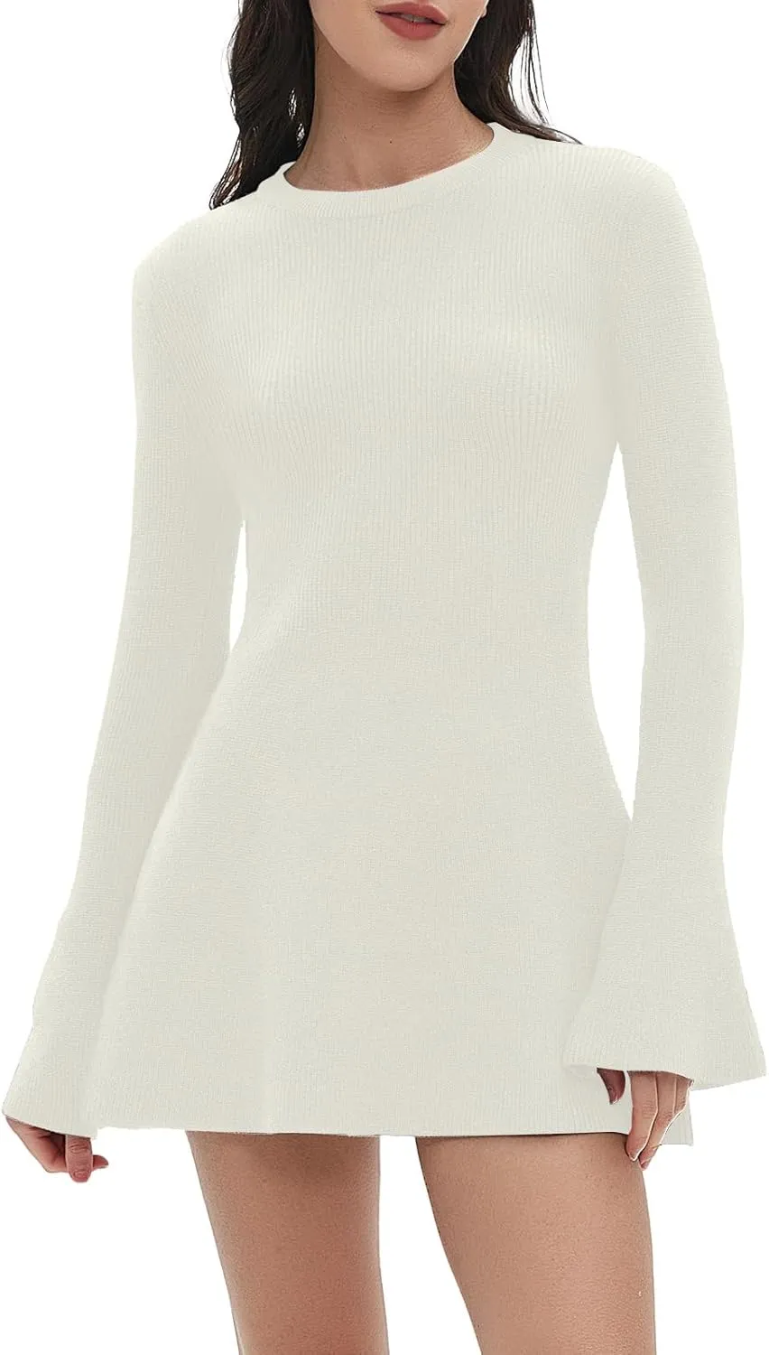 Women Spring Fall Winter Casual Sweater Dress Crew Neck Mini A-Line Knit Flare Sleeve Pullover Sweaters Dresses