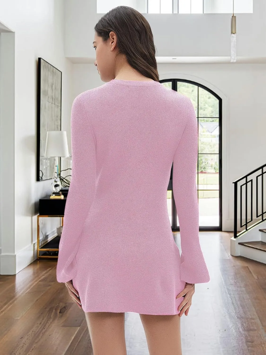 Women Spring Fall Winter Casual Sweater Dress Crew Neck Mini A-Line Knit Flare Sleeve Pullover Sweaters Dresses