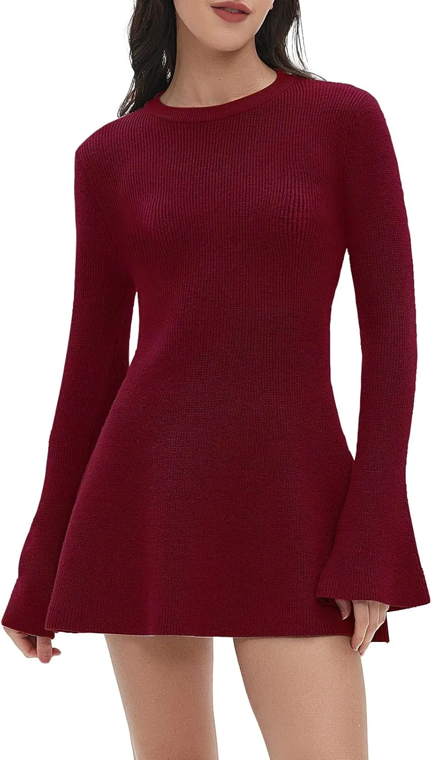 Women Spring Fall Winter Casual Sweater Dress Crew Neck Mini A-Line Knit Flare Sleeve Pullover Sweaters Dresses