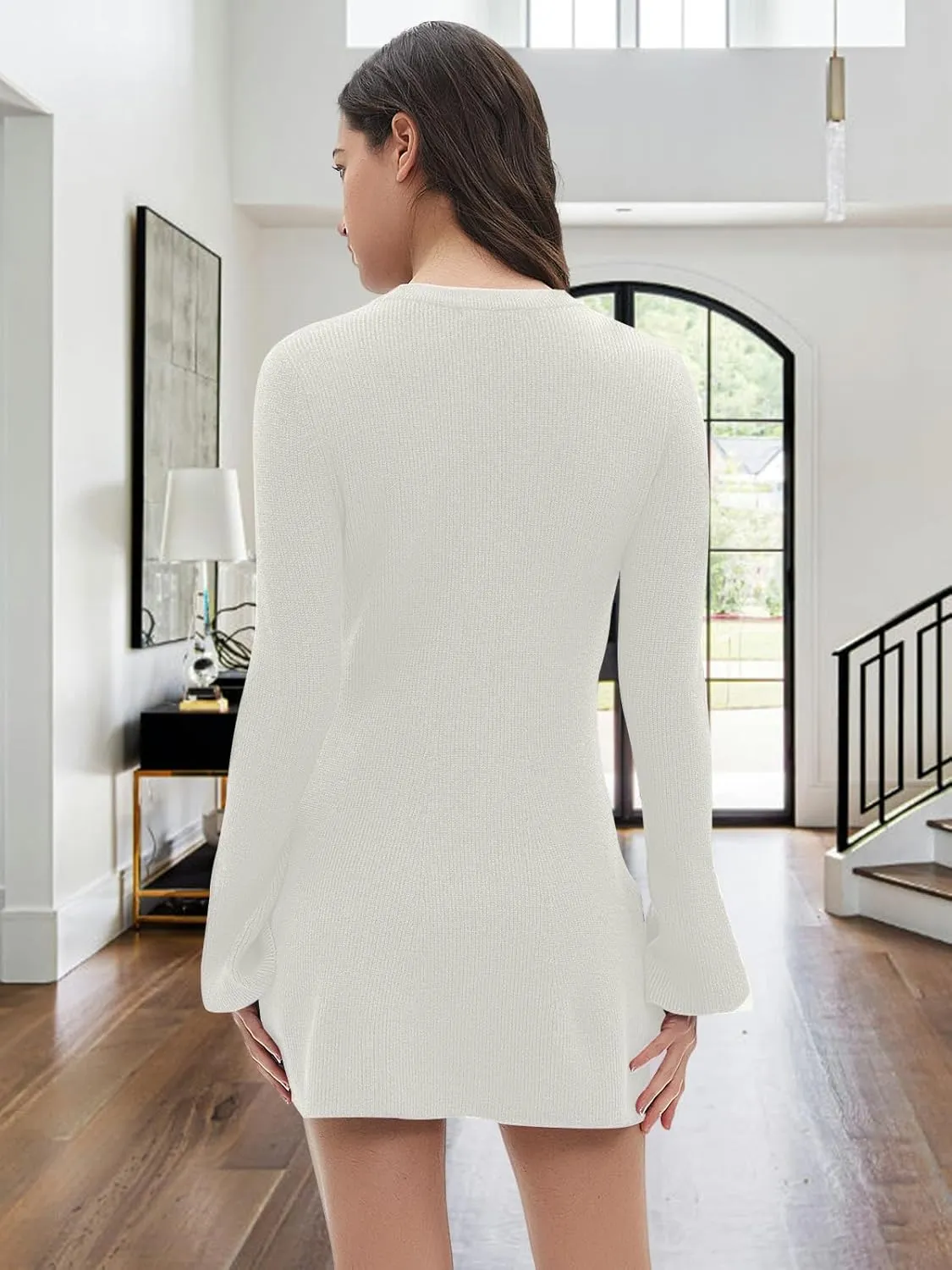 Women Spring Fall Winter Casual Sweater Dress Crew Neck Mini A-Line Knit Flare Sleeve Pullover Sweaters Dresses
