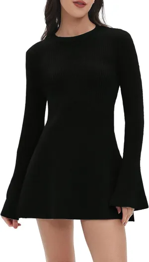 Women Spring Fall Winter Casual Sweater Dress Crew Neck Mini A-Line Knit Flare Sleeve Pullover Sweaters Dresses