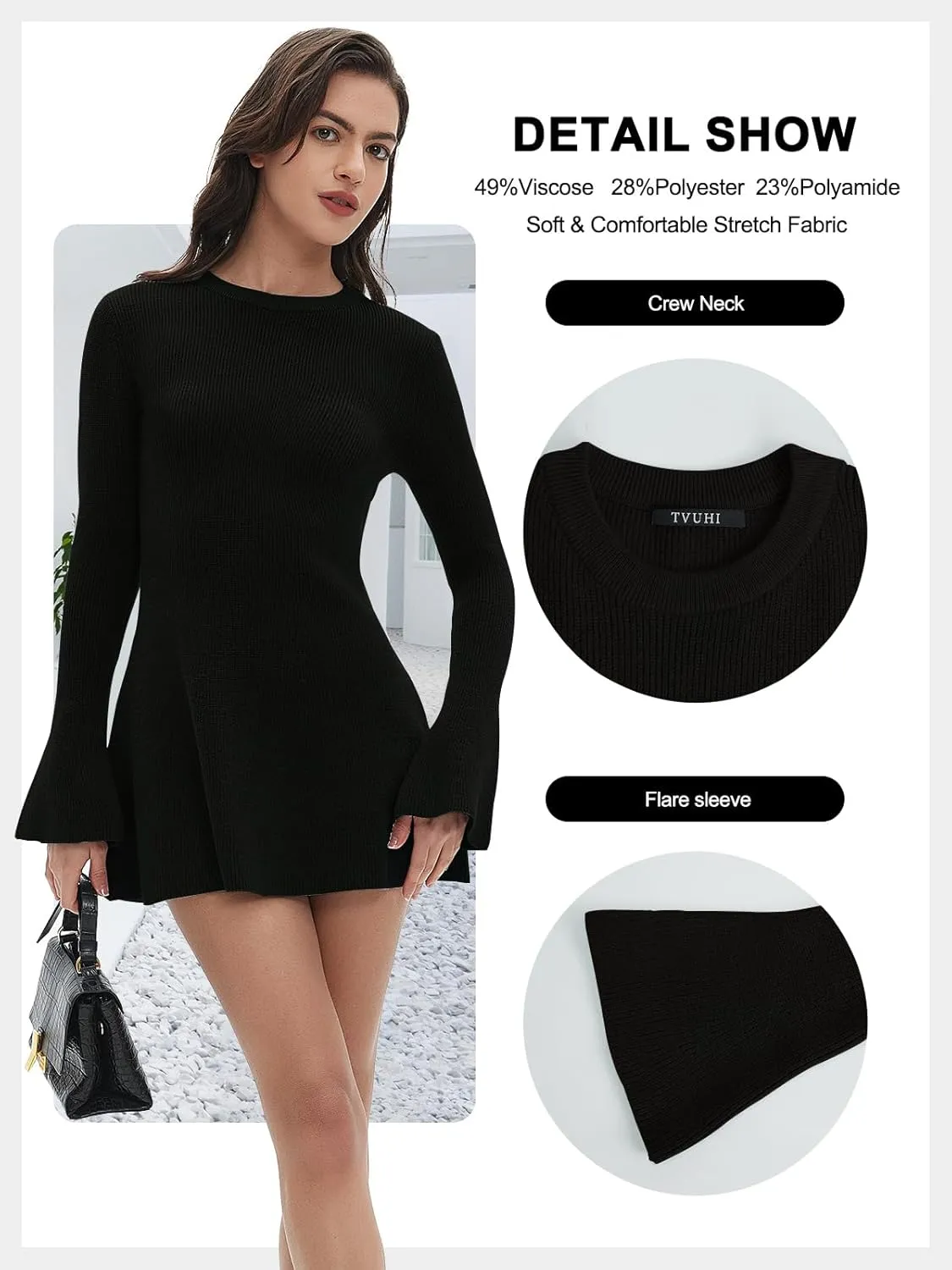 Women Spring Fall Winter Casual Sweater Dress Crew Neck Mini A-Line Knit Flare Sleeve Pullover Sweaters Dresses