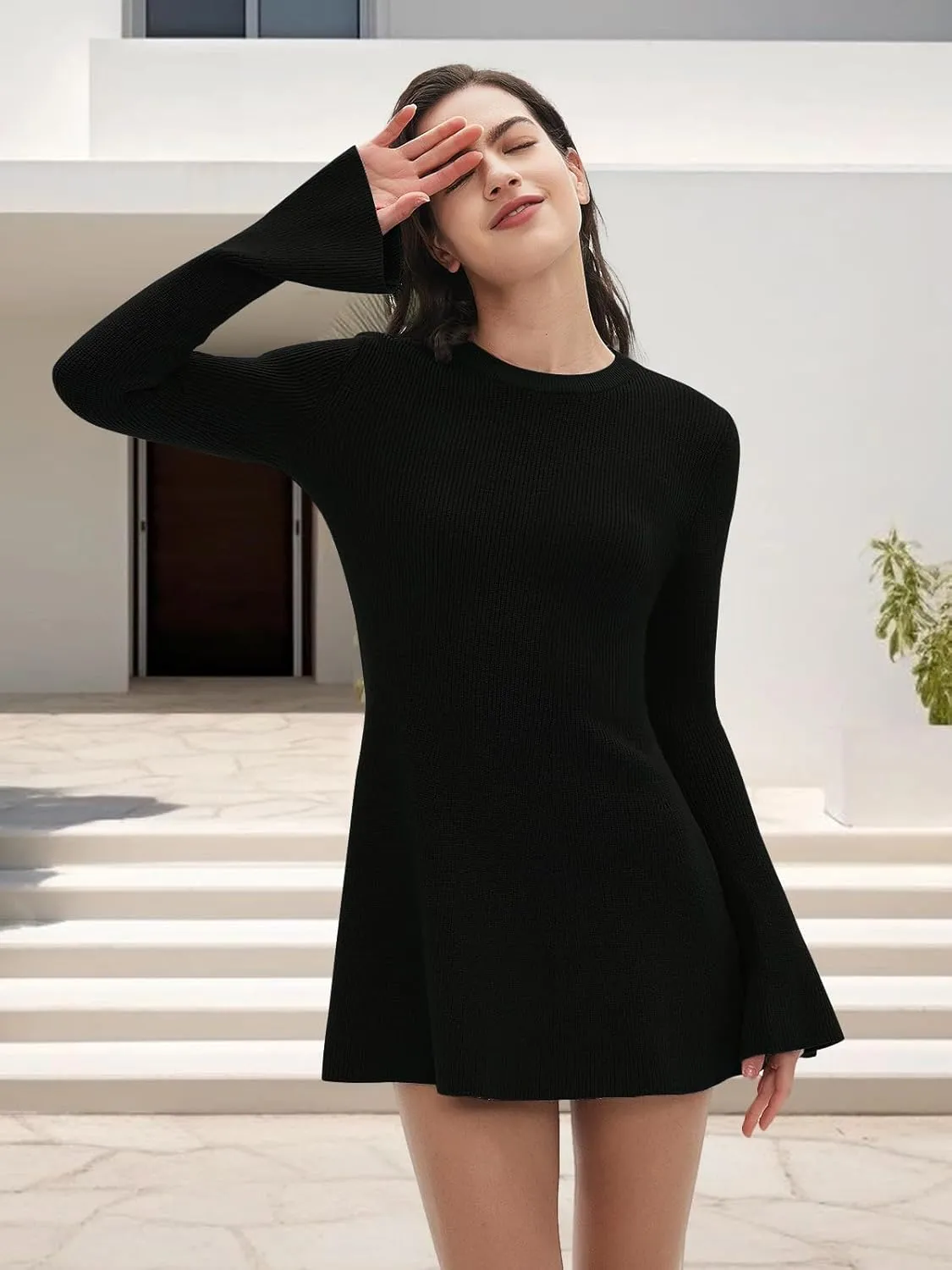 Women Spring Fall Winter Casual Sweater Dress Crew Neck Mini A-Line Knit Flare Sleeve Pullover Sweaters Dresses