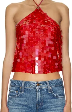 Women Y2k Sequin Tops Sleeveless Backless Spaghetti Strap Halter Top Club Party Rave Camisole