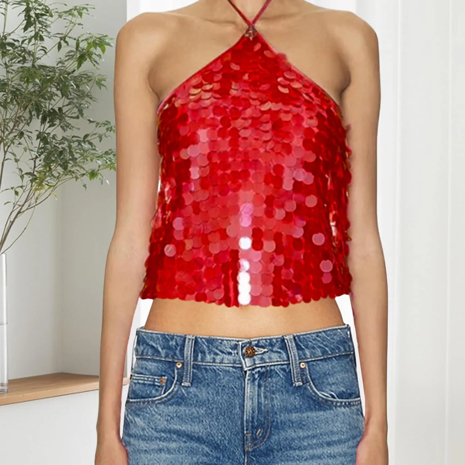 Women Y2k Sequin Tops Sleeveless Backless Spaghetti Strap Halter Top Club Party Rave Camisole