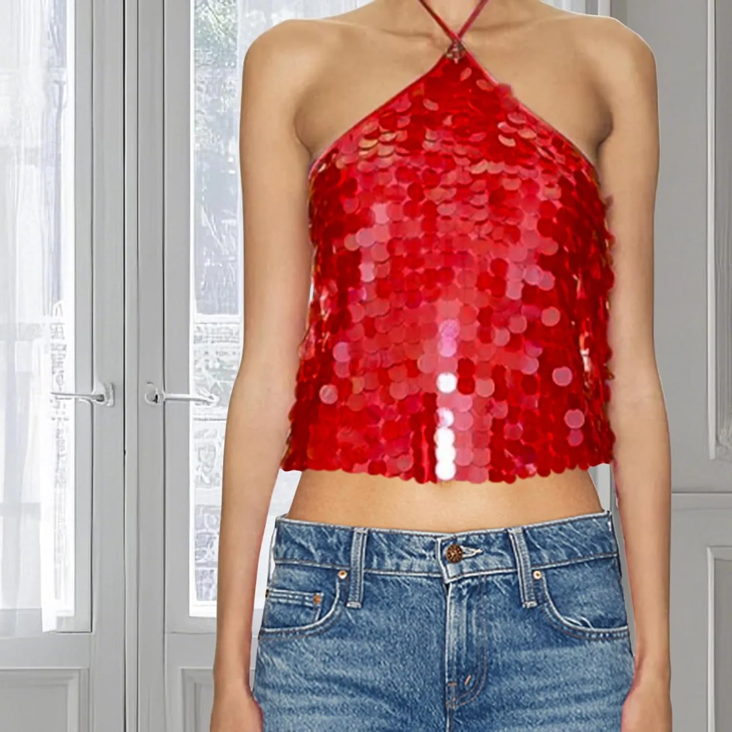 Women Y2k Sequin Tops Sleeveless Backless Spaghetti Strap Halter Top Club Party Rave Camisole
